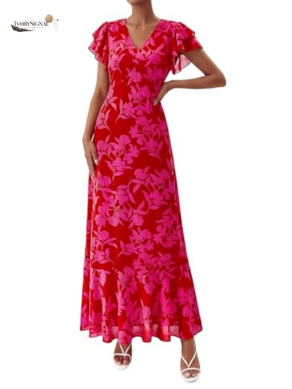 Womens Boho Floral Maxi Dress Ruffle Sleeve V-Neck Summer Beach